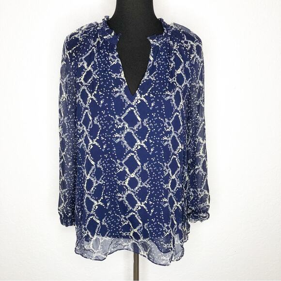 Diane von Furstenberg navy blue yellow geometric print silk top size 4 - Picture 1 of 16
